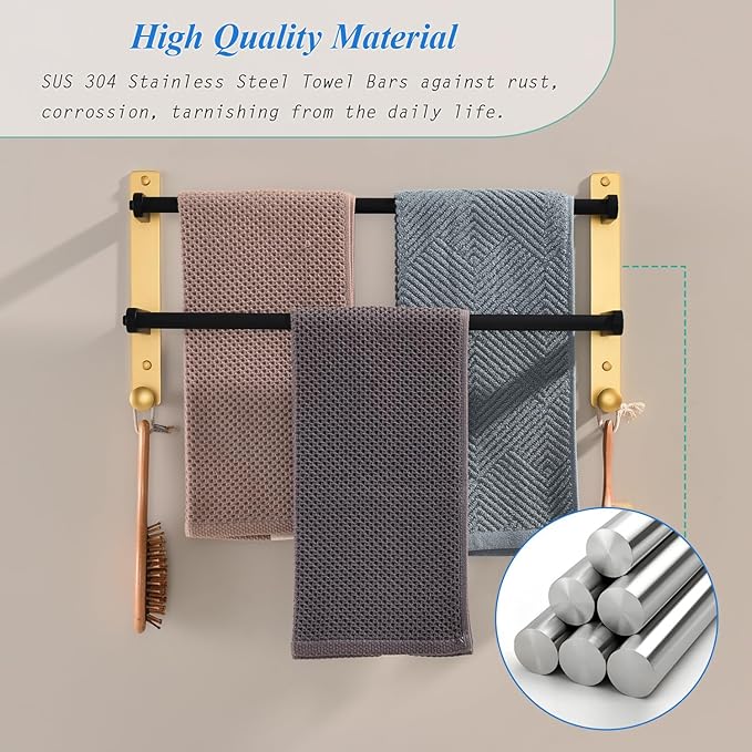18 Inch Stainless Steel Towel Rack with Hooks - 2-Tiers Ladder Towel Hanger, Double Bar Wall Mounted for Bathroom, Black & Gold