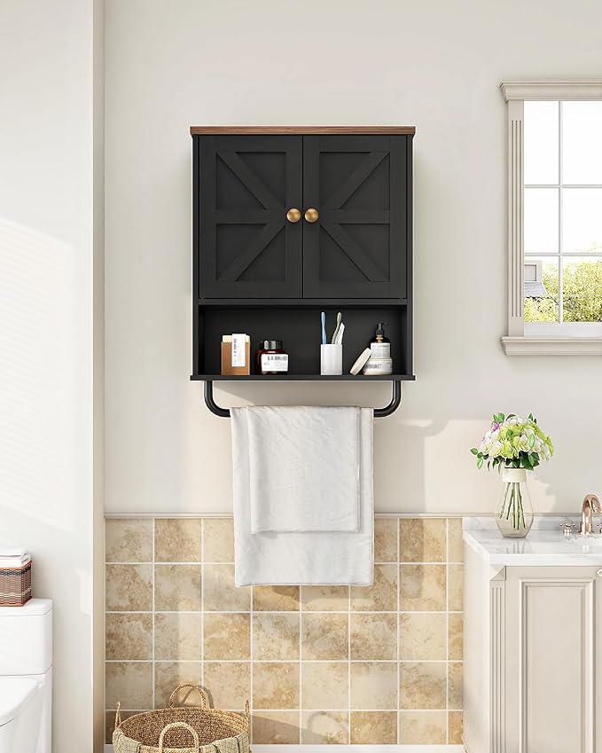 CHOEZON Bathroom Wall Cabinet, Medicine Cabinet with Open Partition and Towel Bar, Rustic Storage Cabinet with Open and Hidden Storage Space, for Bathroom, Living Room, Kitchen, Black and Walnut