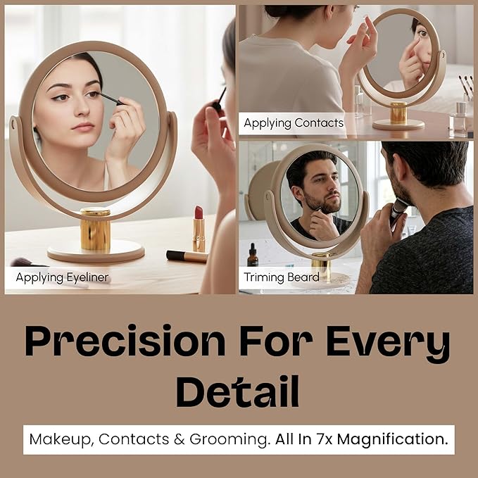 Danielle Creations Round Soft Touch Vanity Mirror – Taupe, 7.48 x 3.94 x 9.06 in, 1x/10x Magnification, Adjustable Stand, Makeup Mirror for Face, Beauty, Travel & Desk Use
