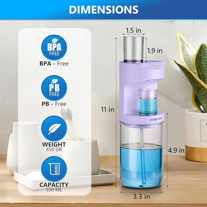 ZOFGENOW Automatic Mouthwash Dispenser for Bathroom,Bathroom Accessories 19.4 Fl Oz Dispensers with Magnetic Cups,Wall Mounted Dispenser,Suitable for All Age Groups,Purple