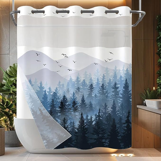 Accnicc No Hook Shower Curtain with Snap in Liner Blue Misty Forest Hookless Shower Curtains for Bathroom Foggy Nature Pine Tree Mountain Woodland Waterproof Fabric Bath Curtain Decor 71×74In