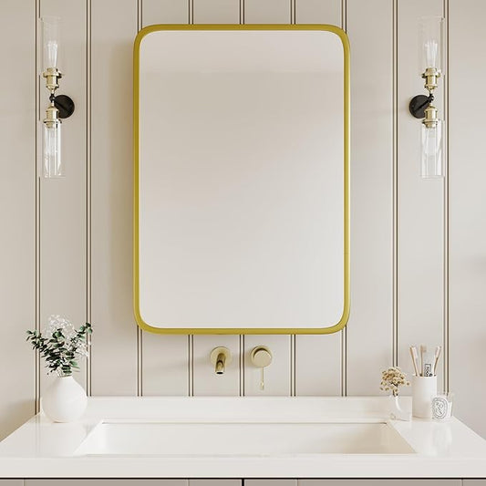 AGDULL Bathroom Wood Black Cabinet with 20''x30'' Brushed Gold Metal Frame Curved Mirror, Recessed Medicine Cabinet, Bathroom Storage Cabinet