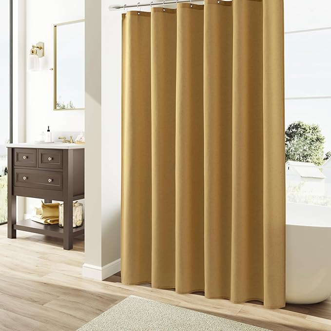 Naturoom Gold Linen Shower Curtains 80 Inches Long, Tall Country Boho Farmhouse Shower Curtains for Bathroom Natural Cloth Weighted Fabric Bath Curtain with Hooks, 72x80
