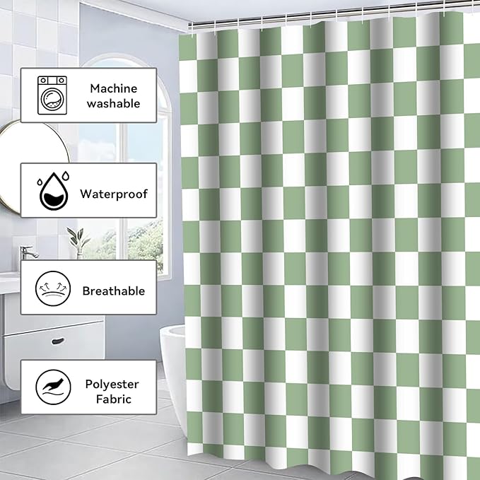 4 PCS Checkered Shower Curtain Sets Fun Gingham Bathroom Sets Soft Non Slip Bath Rugs Toilet Cover U-Shaped Mat Retro Bright Waterproof Shower Curtains with 12 Hooks for Tub Toilet, Green