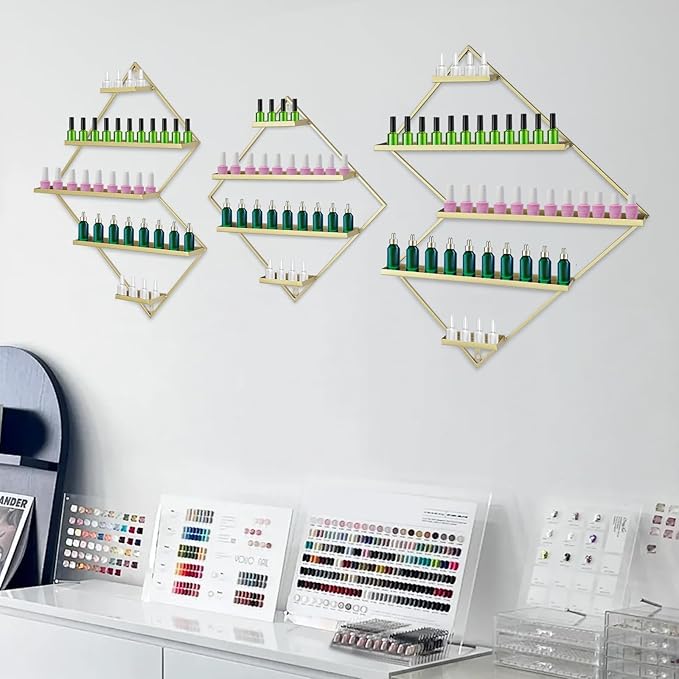 3PCS Nail Polish Storage Racks, 5-Tier Wall-Mounted Metal Cosmetic Display Case Makeup Organizer Wall Shelf for Home Spa Nail Salon Perfume Lipstick (Gold)