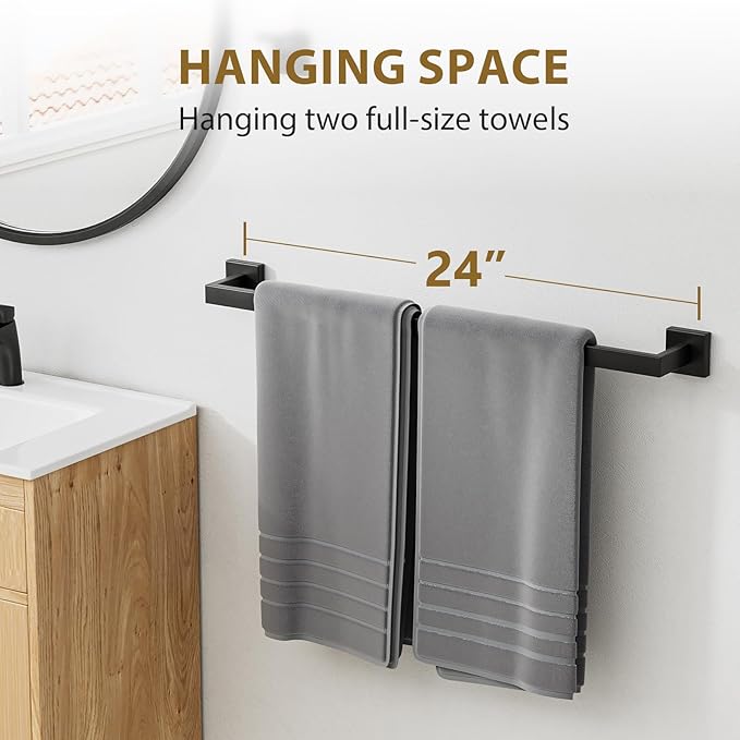 Luxbaro Matte Black Towel Bar 24 Inch, Square Base Thicken Towel Rack for Bathroom Wall, SUS304 Stainless Steel Towel Rod, Modern Home Decor (Total Length 26-Inch)