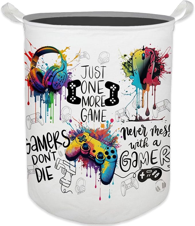 Watercolor Gamer Laundry Basket, Toybox for Boys Room, Game Lovers Laundry Basket Hamper Waterproof Collapsible Clothes Toys Storage Bin Organizer for Bedroom Bathroom Boys Gamer Room