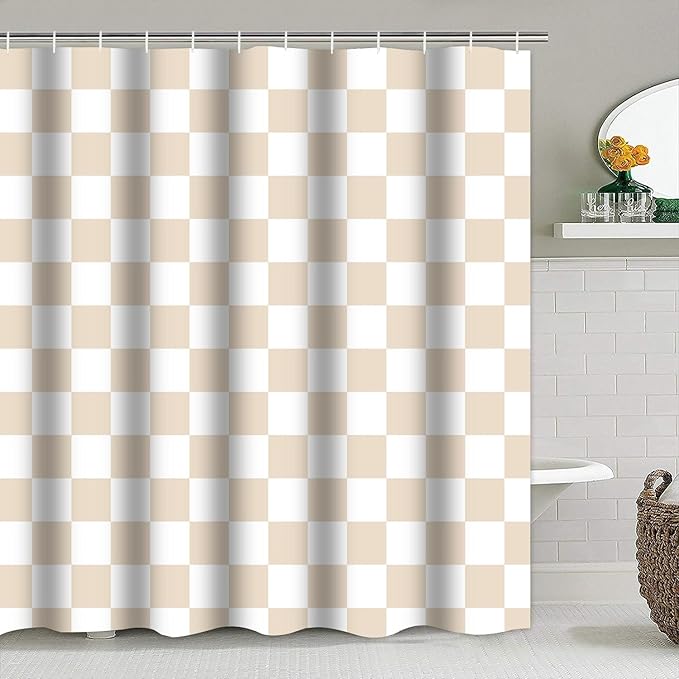 4 PCS Checkered Shower Curtain Sets Fun Gingham Bathroom Sets Soft Non Slip Bath Rugs Toilet Cover U-Shaped Mat Retro Bright Waterproof Shower Curtains with 12 Hooks for Tub Toilet, Beige