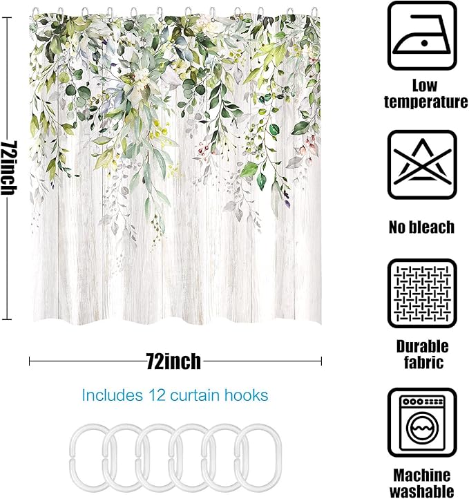 kampdream Eucalyptus Plant Rustic Shower Curtain, Watercolor Leaves On The Top Country Farm House Shower Curtain, Spring Botanical Bathroom Curtain 72 ×72 Inch