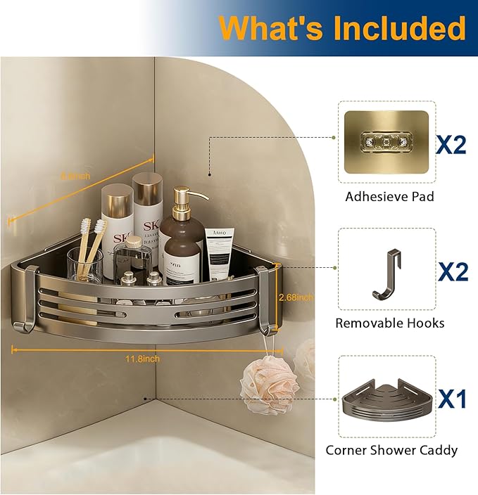 Corner Shower Caddy, No-Drilling Adhesive Shower Shelves with Hooks, Waterproof & Rustproof Removable Shower Organizer for Bathroom Kitchen