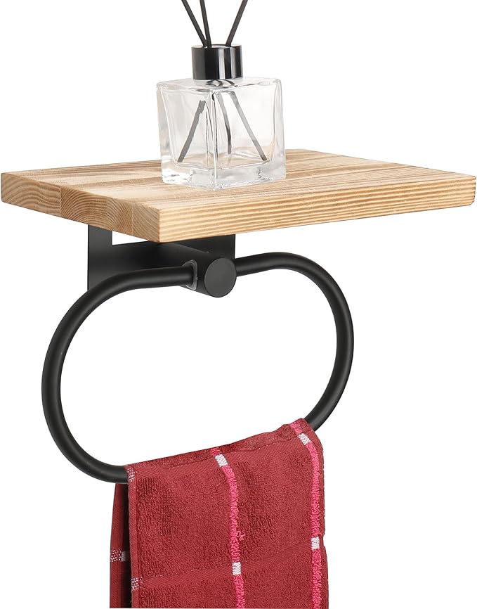 TocTen Hand Towel Holder for Bathroom Wall Mount Towel Ring with Wooden Shelf, Premium Metal Hand Towel Rack, Bathroom Accessories Rustic Hand Towel Hanger for Bathroom Kitchen RV(Matte Black)