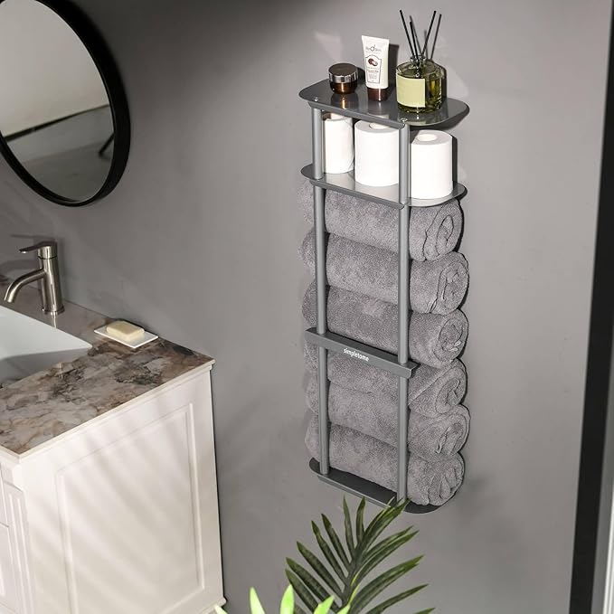 simpletome Towel Racks for Bathroom Storage Shower Organizer 31 inch Wall Mounted with Shelves Can Holds 6 Large Towels Thickened Carbon Steel (Silver Grey)
