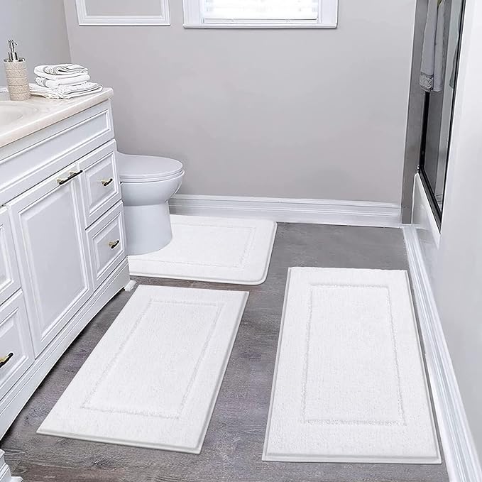 Pauwer Bathroom Rug Set - 3 Piece Shower Mats with U-Shaped Contour Toilet Mat, Absorbent Microfiber Plush Bath Mats, Non Slip, Machine Washable Shaggy Floor Mats