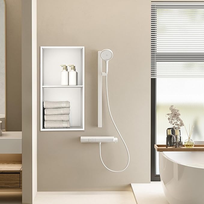SaniteModar Shower Niche, Stainless Steel Shower Niche No Tile Needed, Recessed for Bathroom Storage (Warm White, 24" x 12",Double)