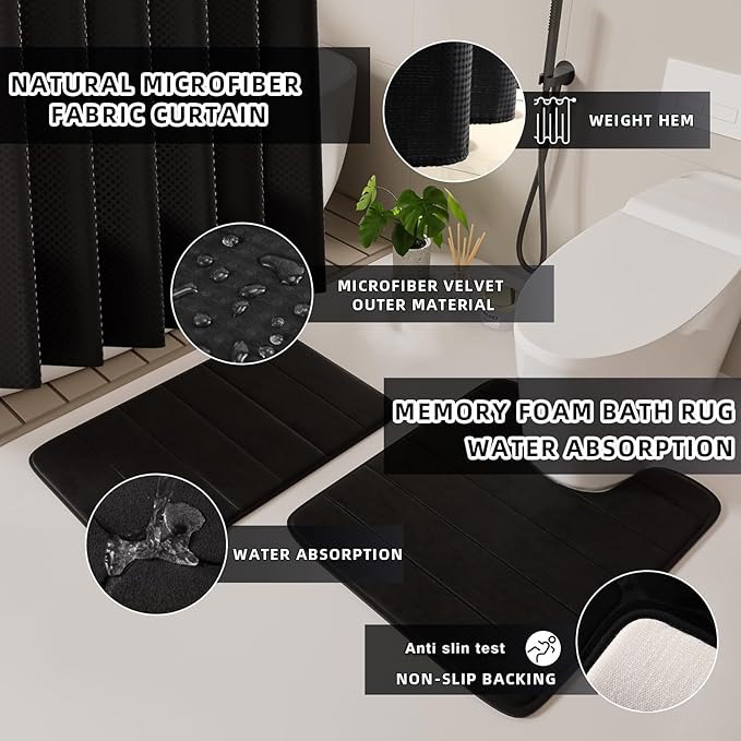 XLHOMO Bathroom Set - 25PC Black Bathroom Set with Shower Curtain and Rugs, Bathroom Accessories Set, Black Shower Curtain Set with Bathroom Trash Can