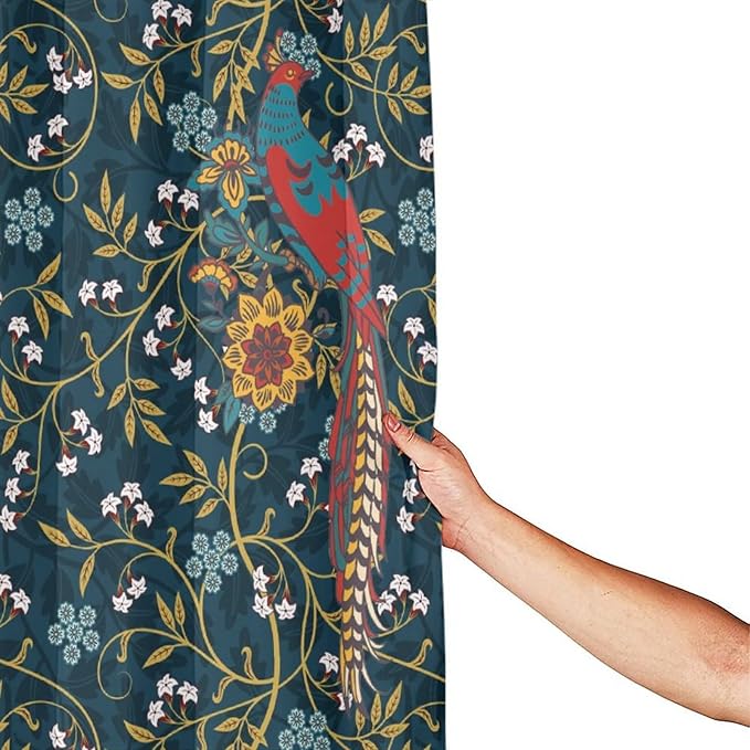 Rustic William Morris Art Print Waterproof Fabric Shower Curtain,Vintage Mid Century Boho Floral Bird Soft Hotel Quality Cloth Shower Light-Weight & Machine Washable - 84L x72W