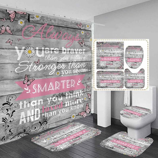 AAtter 4 Piece Pink Shower Curtain Set Kids Girl Girly Cute Women Toddler Grey 60Wx72L Inch Decor with Non-Slip Rugs, Toilet Lid Cover and Bath Mat Bathroom Accessories Home Bathtub Set, Inspirational