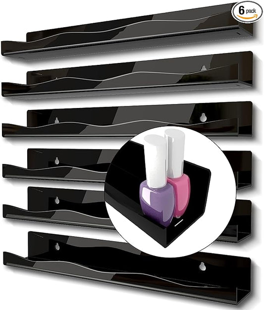 YMVV Black Acrylic Nail Polish Wall Racks,15" Increased Width Black Wall Mounted Shelves Nail Polish Organizer, Sunglasses Essential Oil Storage Shelf Display 6 Pack