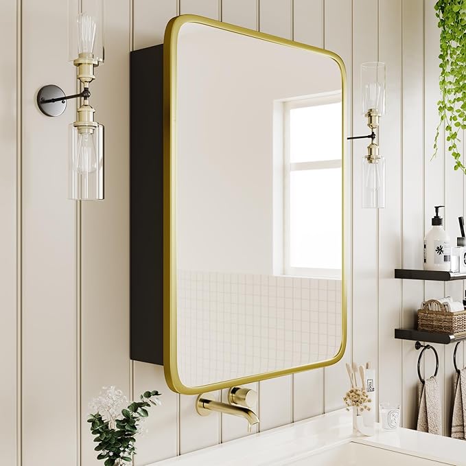 AGDULL Bathroom Wood Black Cabinet with 20''x30'' Brushed Gold Metal Frame Curved Mirror, Recessed Medicine Cabinet, Bathroom Storage Cabinet