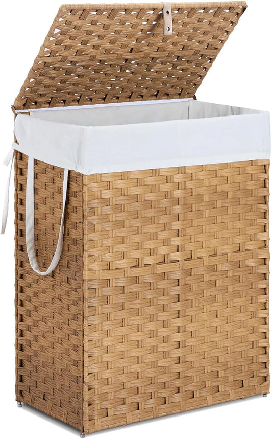Laundry Hamper with Lid, 90L Foldable Laundry Basket with Removable Liner Bags, Handwoven Synthetic Rattan Clothes Hamper for Bathroom, Bedroom, Laundry Room, Yellow