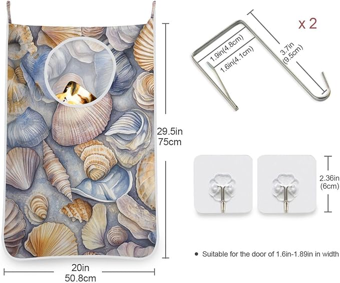 Hanging Laundry Hamper with Stainless Steel Hooks,Oxford Fabric Printing Door Laundry Clothes Bag, 29.5X20inch 1PCS Grey Shell Conch