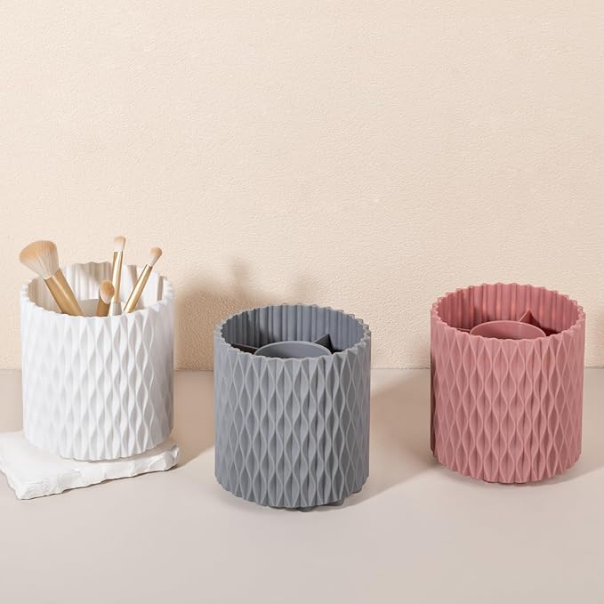 Anyoifax Makeup Brush Holder Organizer 362°Rotating Make Up Brushes Container for Vanity, Spinning Cosmetics Storage Cup, Ripple Gray