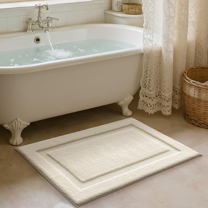 LUMI Ultra Soft Bathroom Rugs Non Slip with Rubber Backing, Absorbent Washable Bath Mat Quick Dry, Upgraded Premium Microfiber Plush Carpet for Bathtub and Shower Floor, Ivory White, 16x24