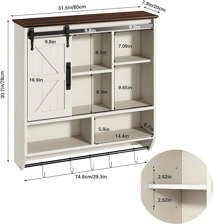 RUSTOWN Farmhouse Bathroom Wall Cabinet,3-Tier Rustic Wood Wall Mounted Cabinets,Vintage Medicine Cabinet with Sliding Barn Door and Adjustable Shelves,Over The Toilet Storage Cabinet (Vintage White)