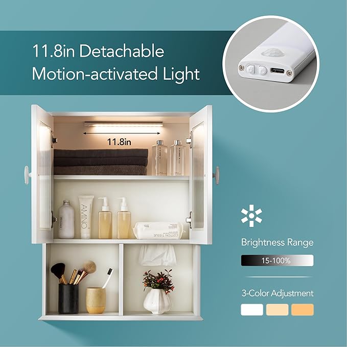 VANIRROR Bathroom Wall Cabinet with Lighting & Tissue Hole, Wall Mounted Glass Door Medicine Cabinet Over Toilet Storage for Laundry Room Kitchen