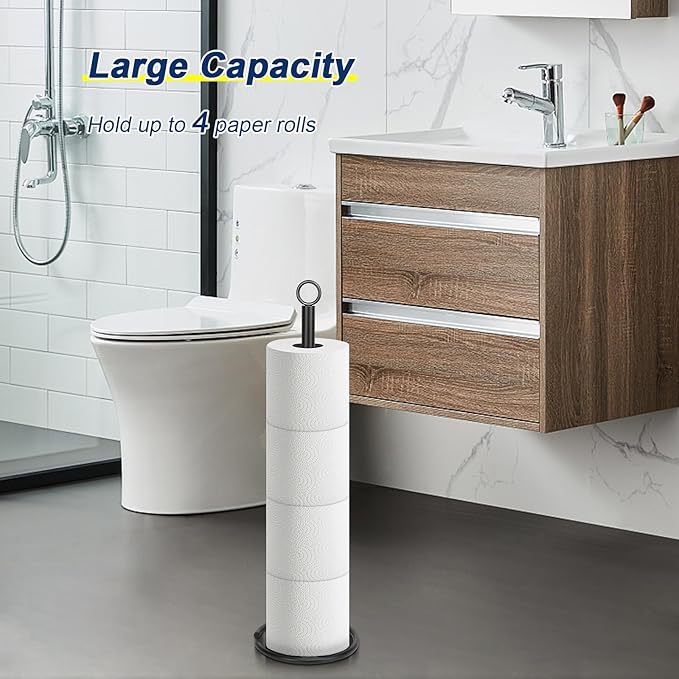 NearMoon Bath Toilet Paper Holder Stand, Freestanding Tissue Paper Storage with Reserve, Space Toilet 4 Rolls Holder for Bathroom/Kitchen Countertop-All Metal (3 Pack, Matte Black)