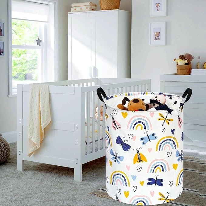KUNRO Round Laundry Gift Basket Storage Hamper, Clothes Storage Organizer Bins, Shelf Basket with Handles for Room Decor (Dragonfly)