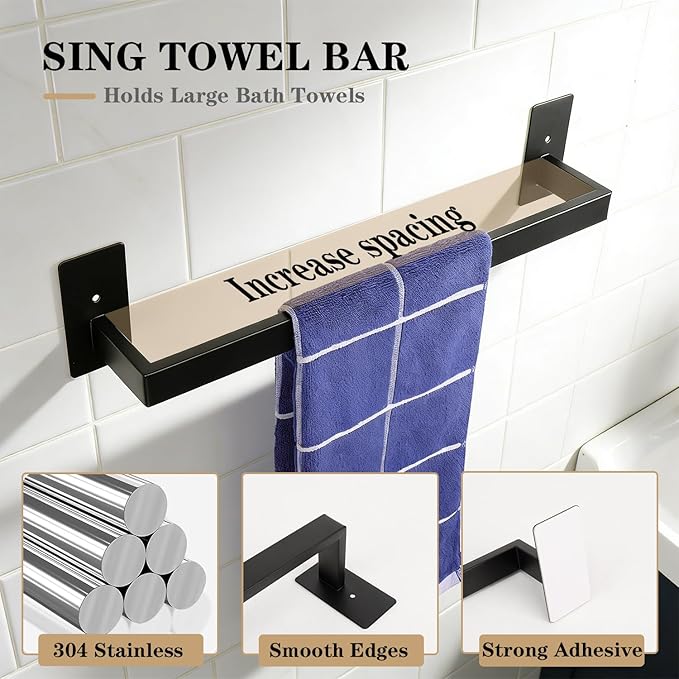5 Pieces Self Adhesive Bathroom Hardware Set-SUS304 Stainless Steel-Towel Rack Set Include 24″Towel Bar+Toilet Paper Holder+3 Towel/Robe Hooks Bathroom Accessory Towel Bar Set (Black, 24 in)
