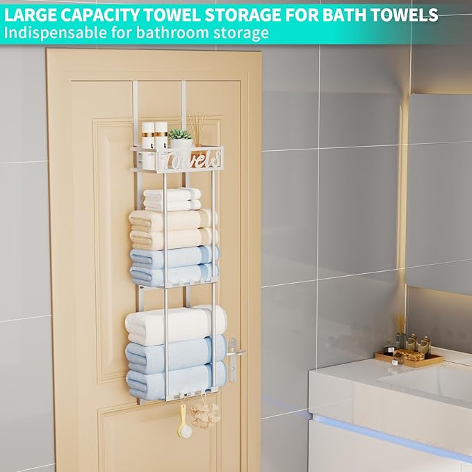 HapiRm Towel Rack Bathroom Storage - 3 Tier Over The Door & Wall Mounted Rolled Towel Racks Holder Organizer with Metal Shelf and 6 Hooks for Small Bathroom, Camper, Rv - Sliver