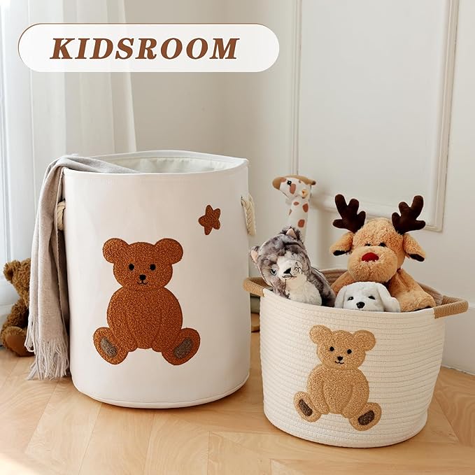 INough Large Laundry Basket Tall Baskets Storage for Dirty Clothes, Toys Storage Bins Baby Hamper 58L Clothes Hamper Blanket Basket Baby Toys Organizer for Nursery Bedroom Living Room Decor, Bear