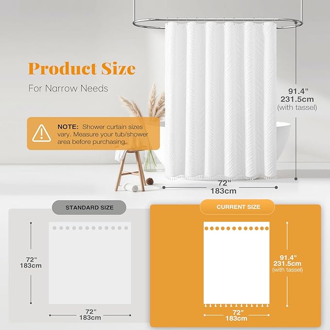 BTTN Extra Long Shower Curtain - 72x90 Boho Tufted Leaves Textured Striped Fabric Shower Curtain Set with 12 Plastic Hooks, Farmhouse Luxury Decorative Tassel Cloth Shower Curtains for Bathroom, White