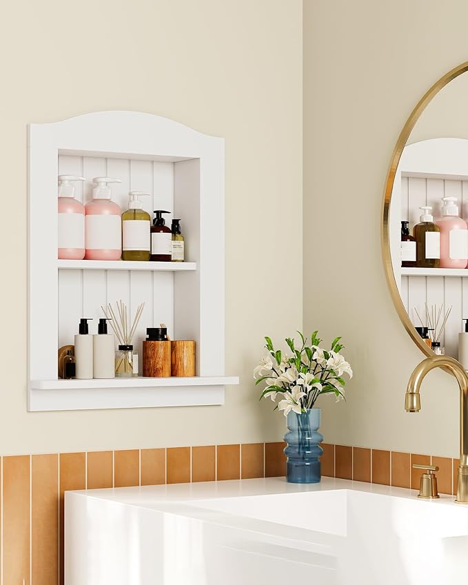 CHOEZON Recessed Wall Niche, 2-Tier Recessed Medicine Cabinet, Bathroom Cabinet Wall Mount, Bamboo Medicine Organizer, Wall Storage Cabinet, for Bathroom, Living Room, Kitchen, White