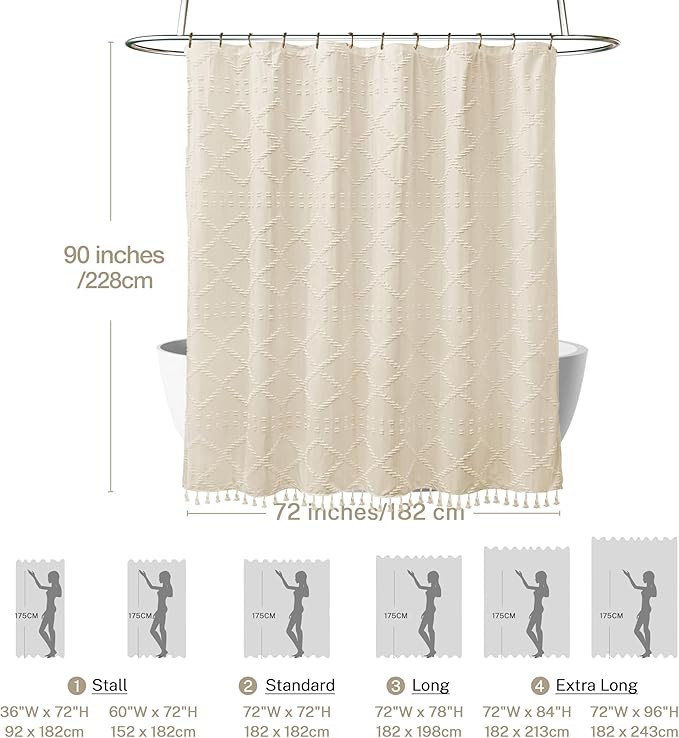 Extra Long Boho Farmhouse Shower Curtain Woven Fabric Beige 90 Inch Shower Curtain, 72 x 90 Tufted Chevron Textured Striped Modern Minimalist Cloth Shower Curtain for Bathroom