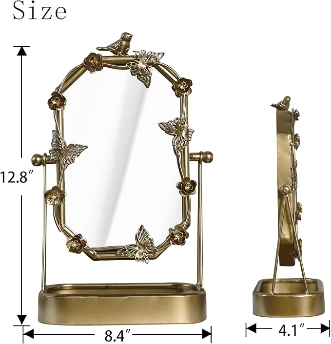 HSDDHOME Vintage Gold Tabletop Makeup Mirror, Bird & Butterfly Decorative Vanity Mirror, 12.8” x 8.2” Retro Metal Standing Mirror for Dresser, Bedroom, and Bathroom