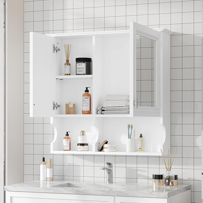 Bathroom Wall Cabinet with Mirror, Medicine Cabinet with 2 Doors and Adjustable Shelf, Space Saver Storage Cabinets Over The Toilet for Bathroom (30'' x 28'')
