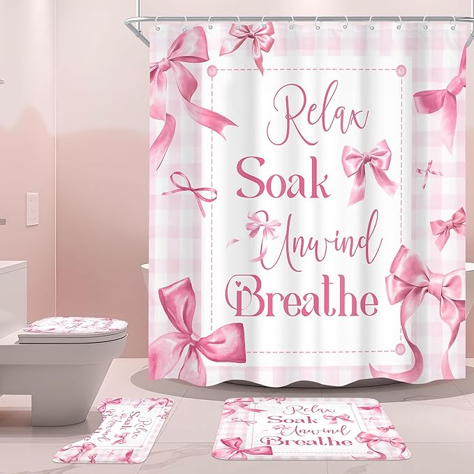 Cinbloo 4Pcs Pink Bow Christian Shower Curtain Set, Coquette Bible Verse Scripture Inspirational Quotes Girly Bathroom Curtain with Rug, Toilet Lid Cover, Bath Mat, Modern Shower Curtain with 12 Hooks