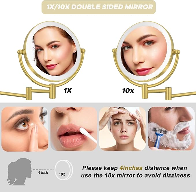 8" Wall Mounted Lighted Makeup Mirror with Magnification Rechargeable, 1X/10X Double Sided, 3 Color Lighting Touch Dimmable 360 Swivel Extendable Arm Vanity Shaving Mirror, Brushed Moderne Brass