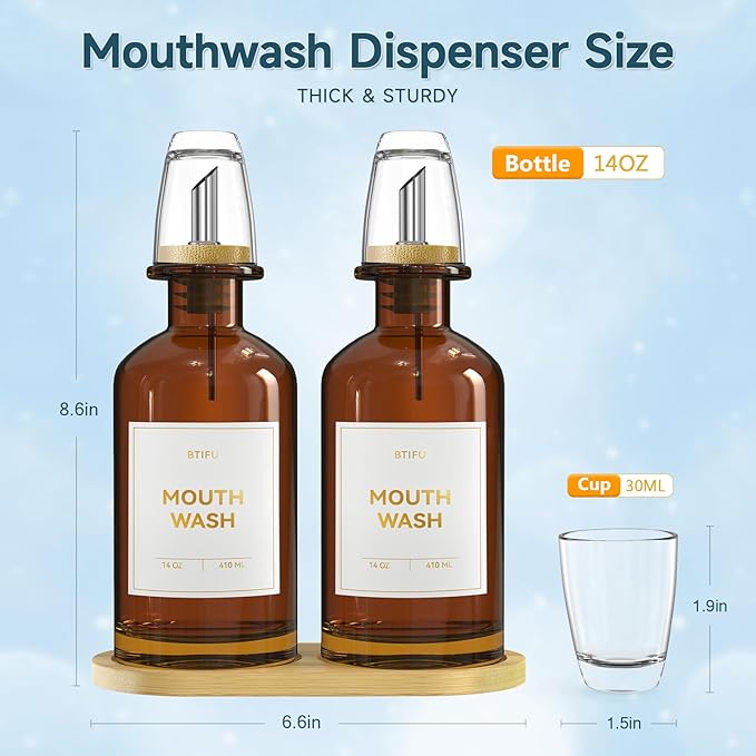 2PCS Amber Glass Mouthwash Dispenser for Bathroom Countertop – 14oz/410ml Refillable Mouthwash Bottle with Stainless Steel Pour Spout & Bamboo Tray, Modern Decor for Office, Airbnb, Gym (Amber)