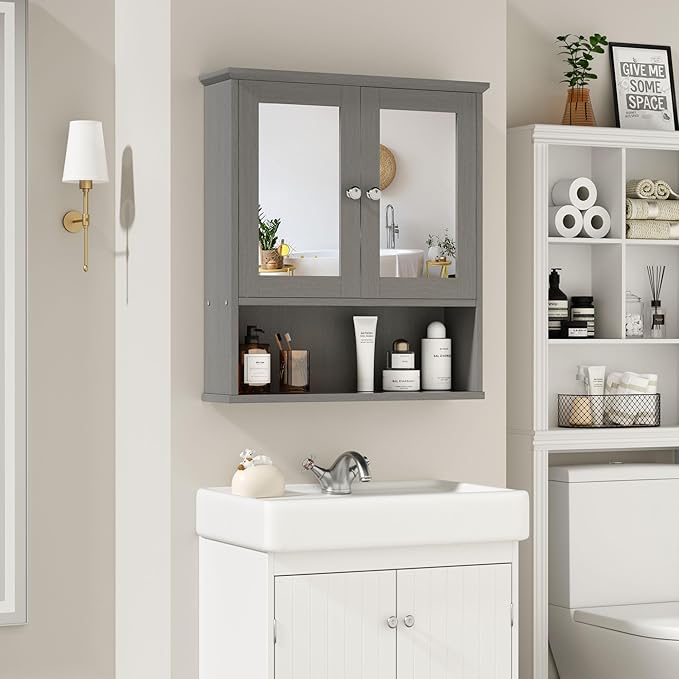 DL-win Medicine Cabinets with Mirror, Wall Mounted Bathroom Cabinet with Adjustable Shelves, Grey Storage Organizer for Toiletries, Towels & Daily Essentials