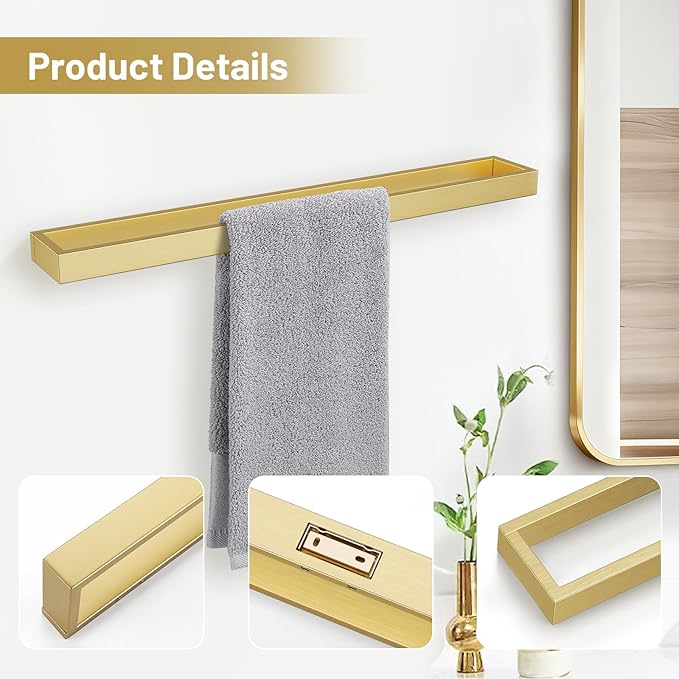 TNOMS Single Towel Bar Towel Holder Bathroom Hardware Accessories,Stainless Steel Wall-Mounted Towel Rack Towel Rail,24 Inches Brushed Gold