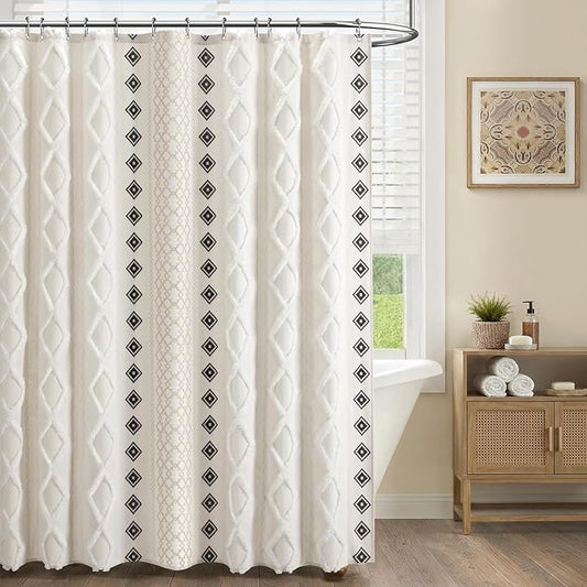 Boho Shower Curtain for Bathroom Cotton Fabric with Striped Print,White 72" W x 72" L