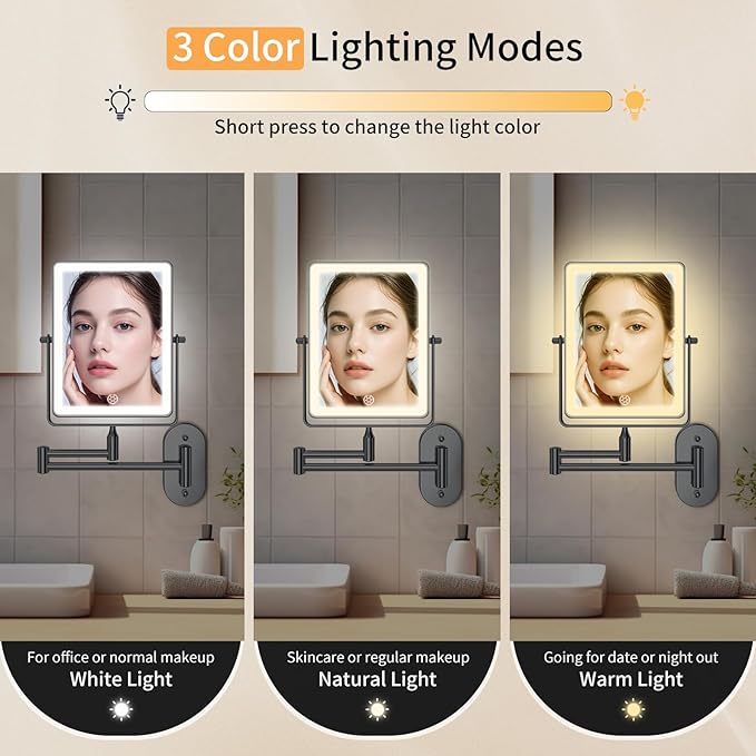 FUNTOUCH 5000mAh Rechargeable Wall Mounted Makeup Mirror with Lights, 8.7" Double Sided 1X/30X Magnifying Mirror with Dimmable 3 Color Light, Extended Swing Arm 360° Wall Mount Bathroom Vanity Mirror
