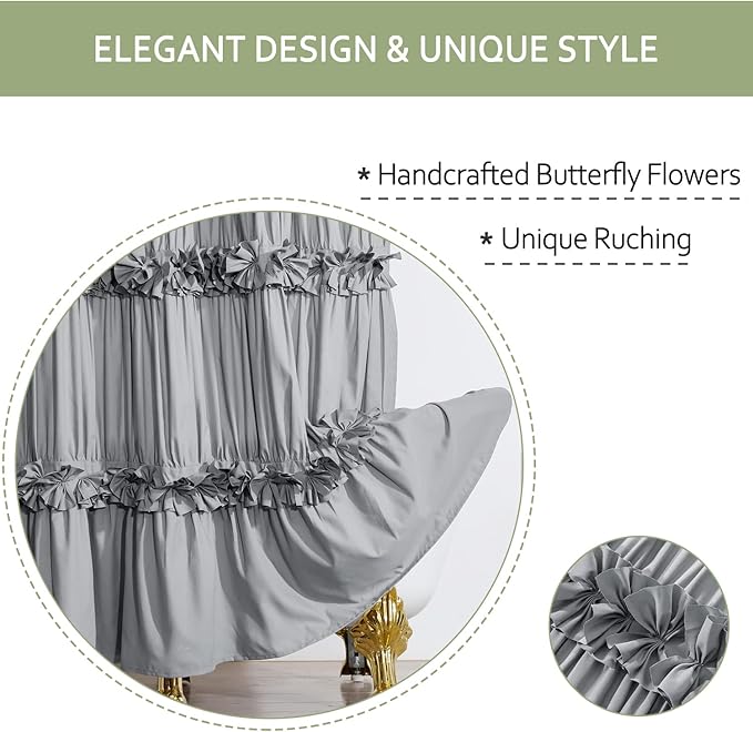 Victorian Ruffle Shower Curtain, Vintage Handcrafted Bow Tie Bath Curtain for Master Bathroom, Ruched Microfiber Bathroom Curtain with 12 Buttonholes, 72" W x 72" H, Gray (LQ-10)