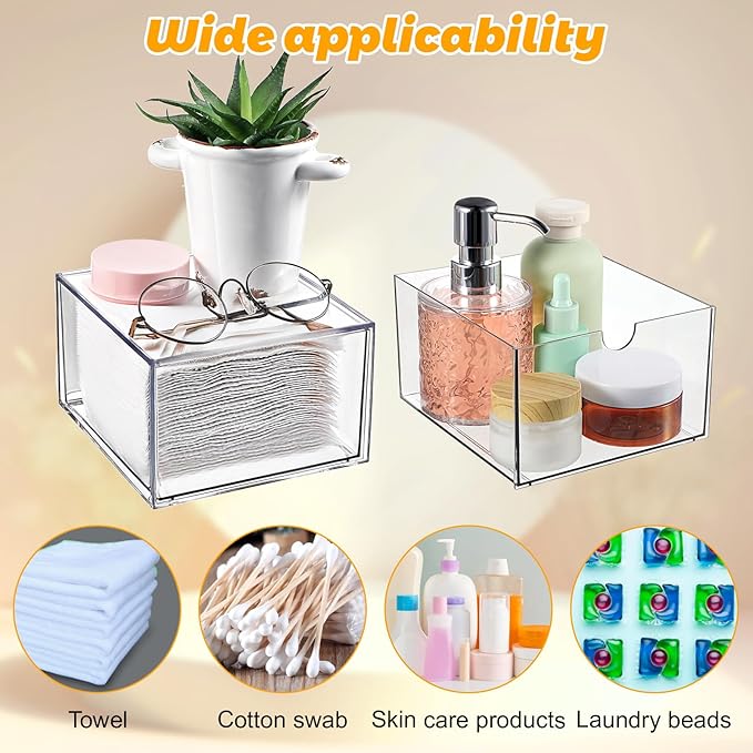 cobee Disposable Face Towel Holder, Acrylic Face Towel Storage Box Bin Container Stackable Clear Makeup Organizer with Drawer for Vanity Bathroom Makeup Organization