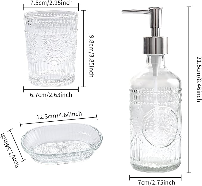 FEILANDUO 3Pcs Glass Bathroom Accessories Set, Lotion & Soap Dispenser, Toothbrush Holder, Soap Dish, Modern Bathroom Countertop Decor for Home, Housewarming Gift (Clear, 3 Pcs Bathroom Set)