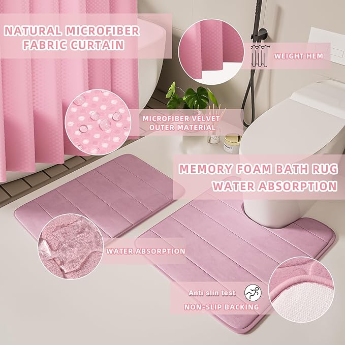 XLHOMO Bathroom Accessories Set - 25PC Pink Bathroom Set, Bathroom Set with Shower Curtain and Rugs, Pink Shower Curtain Set, Toilet Brush, Bathroom Trash Can